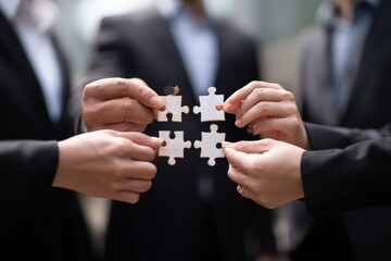 Diverse business team connecting puzzle pieces collectively.