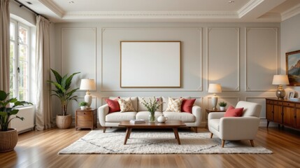 Fototapeta premium Elegant and Modern Living Room Interior with Cozy Furniture and Neutral Tones in Bright Natural Light
