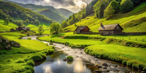 Serene green valley with stream and cottages in background, serene landscape