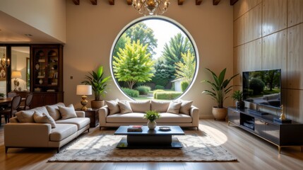Modern Living Room Design with Circular Window Overlooking Vibrant Green Landscape and Stylish Furniture