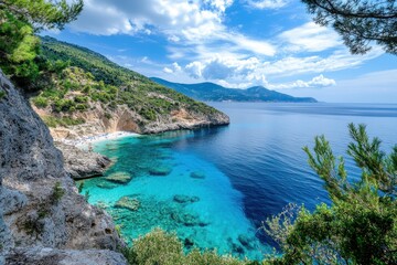 Fototapeta premium Breathtaking view of Kefalonia turquoise waters and scenic coastline on a clear day, Greek island sea cost beautiful view Kefalonia shore and scenic nature