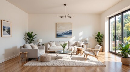 Fototapeta premium Modern minimalistic living room with natural light, plants, and cozy furniture for a serene atmosphere