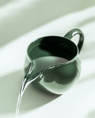 Elegant green jug pouring clear water gracefully.