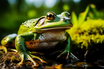 Ein Moorfrosch sitzt in Lauerstellung