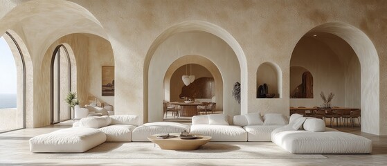 Modern, minimalist living room with arched openings.