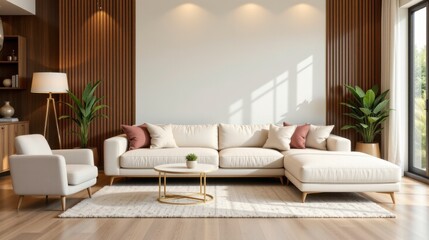 Modern Living Room Interior with Cozy Sofa, Elegant Decor, and Natural Light from Large Windows