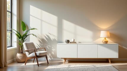 Modern minimalist interior design featuring a cozy chair, decorative lamp, and potted plant in bright living room