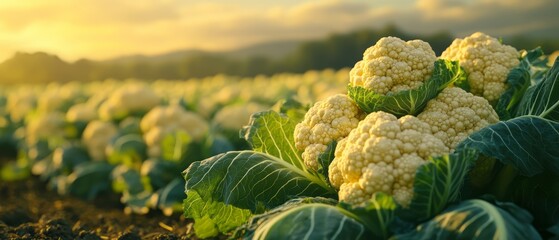 Fresh caulifower heads in a farm field.