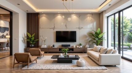 Fototapeta premium Modern and Elegant Living Room Design with Natural Light and Stylish Furniture in Neutral Tones