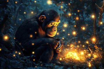 Obraz premium Chimpanzee sits quietly in a glowing magical forest while observing sparkling lights at dusk, Chimpanzee in glowing, magical forest setting