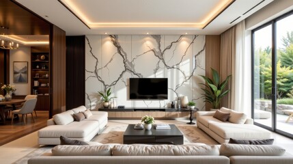 Modern stylish living room interior with large windows, elegant decor, and natural light in contemporary style