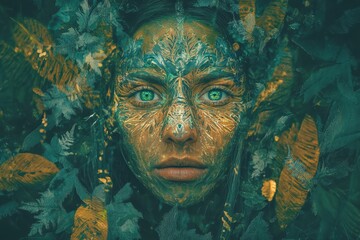 Shamanic earth goddess emerges from nature in ayahuasca-inspired vision, Earth goddess shaman ayahuasca hallucination, ai generated