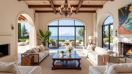Fototapeta premium Elegant Living Room with Ocean View, Cozy Furnishings, and Natural Light in Luxurious Home Setting