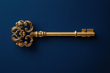 Ornate golden key resting on a dark blue background, Golden key with ornate handle on dark blue background