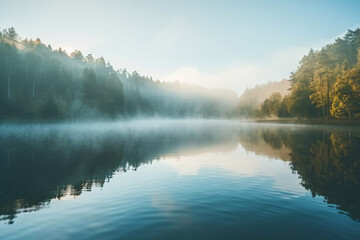 Fototapeta premium a lake with a forest in the background
