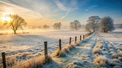Obraz premium Serene landscape with empty field and frosty fence post in early morning mist
