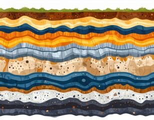 An illustration of layered geological strata featuring various colors and textures, depicting the Earth's subsurface
