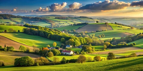 Panoramic landscape of rolling hills with a distant village in the background, landscape photography , scenic landscape