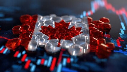 Digital Canadian flag with blockchain theme.