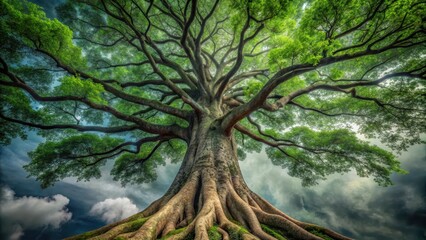 Fototapeta premium A large tree trunk with a dark green