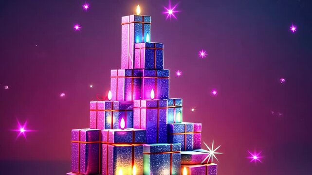 This video features a colorful stack of beautifully wrapped gifts arranged in the shape of a christmas tree, glowing warmly. Perfect for greeting cards and festive holiday messages.