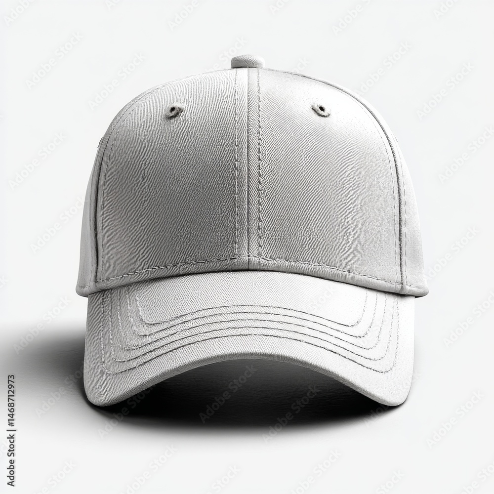 Poster blank white baseball cap on white background, front view with subtle shadows and clean design