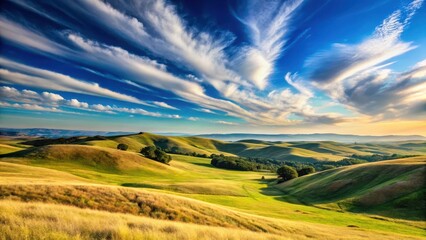 Fototapeta premium Rolling hills under a clear blue sky with a few wispy clouds scattered across the horizon , nature, outdoors , nature