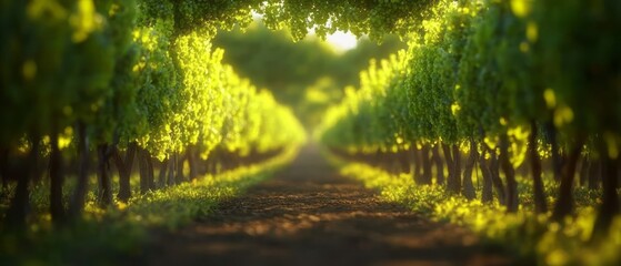 Fototapeta premium A sun-drenched vineyard path through lush green foliage.