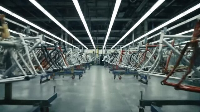 Modern Bicycle Factory Interior: Rows of White and Red Bike Frames Under Bright Lights