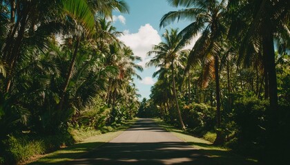 Obraz premium Lush tropical road lined with palm trees