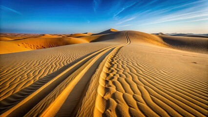 Naklejka premium Sandy dunes with tire tracks in the distance , path, rough, path, rough, beach, solitude, expansive, outdoor, empty, tracks