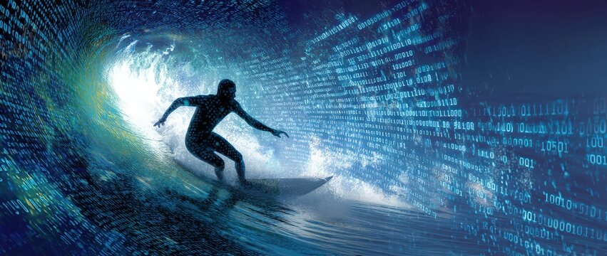 Silhouette of a surfer in a digital wave.