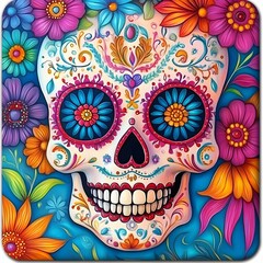 Colorful sugar skull adorned with flowers