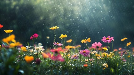 Colorful flowers in a field during a gentle rain shower.