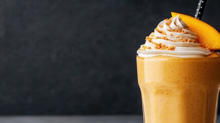 A creamy pumpkin milkshake topped with whipped cream, cookie crumbs, and a fresh peach slice, served in a glass against a dark background.