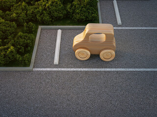 Asphalt floor parking lot and wooden toy. Aerial view 3d rendering of car park.