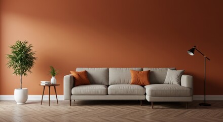 Living room interior with sofa plant lamp and orange wall in minimal style.