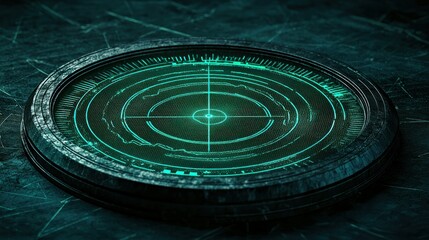 A futuristic green radar device displayed on a textured surface
