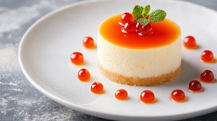A creamy cheesecake topped with fruit jelly, mint, and syrup pearls, beautifully plated on a white dish.