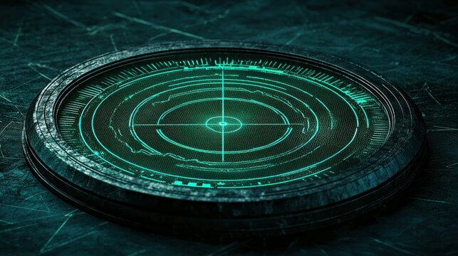 A futuristic green radar device displayed on a textured surface