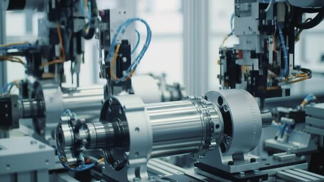 Robotic Arms Assembling Metallic Engine Part in Bright Factory