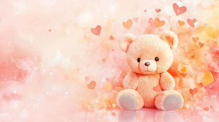 Fototapeta premium Minimal teddy bear drawn in smoky pastel peach, abstract cubism shapes on a soft glowing background