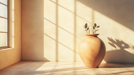 Obraz premium Handcrafted clay vase with silhouette design on floor by minimalist wall and window
