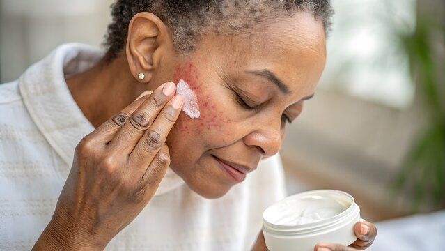 Close-up image of an individual applying topical cream to inflamed skin affected by eczema. Ideal for themes related to dermatology, skincare routines, and chronic skin condition management.