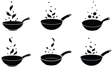 Wok in Use Silhouette Set – Vector Cooking Utensil Illustrations of Stir Fry, Asian Kitchen Tools, and Hot Pan Action for Culinary Design Projects