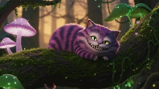 A whimsical depiction of the Cheshire Cat, a mischievous feline from Alice in Wonderland, nestled on a moss-covered tree branch in a fantastical forest, Generative AI
