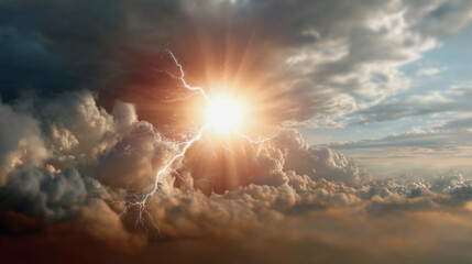 The sun ignites the spark from the clouds , inner strength, energy pours into atmosphere ,Ai image generated;on sky background.