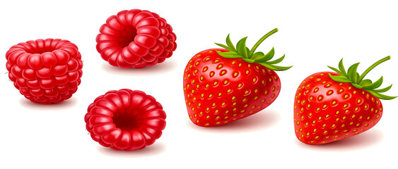 Freshly harvested strawberries and raspberries illustrated on a clean white background