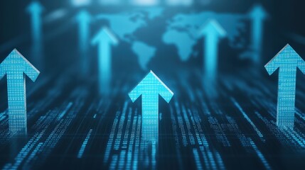 Multiple glowing arrows point upward over a digital background, symbolizing growth and progress with a world map in the distance.