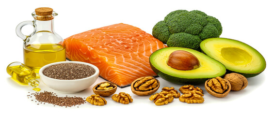 Healthy fats collection salmon chia seeds avocado broccoli walnuts and olive oil